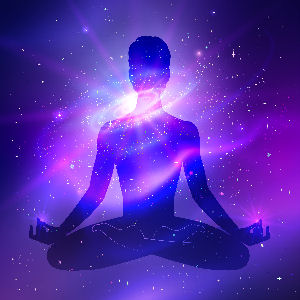 Outer space. Meditation. Male silhouette. Vector illustration.